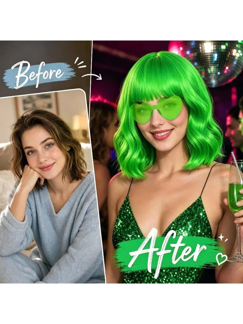 Women's Grass Green Curly Bob Synthetic Wigs Bangs With Neon Heart Sunglasses